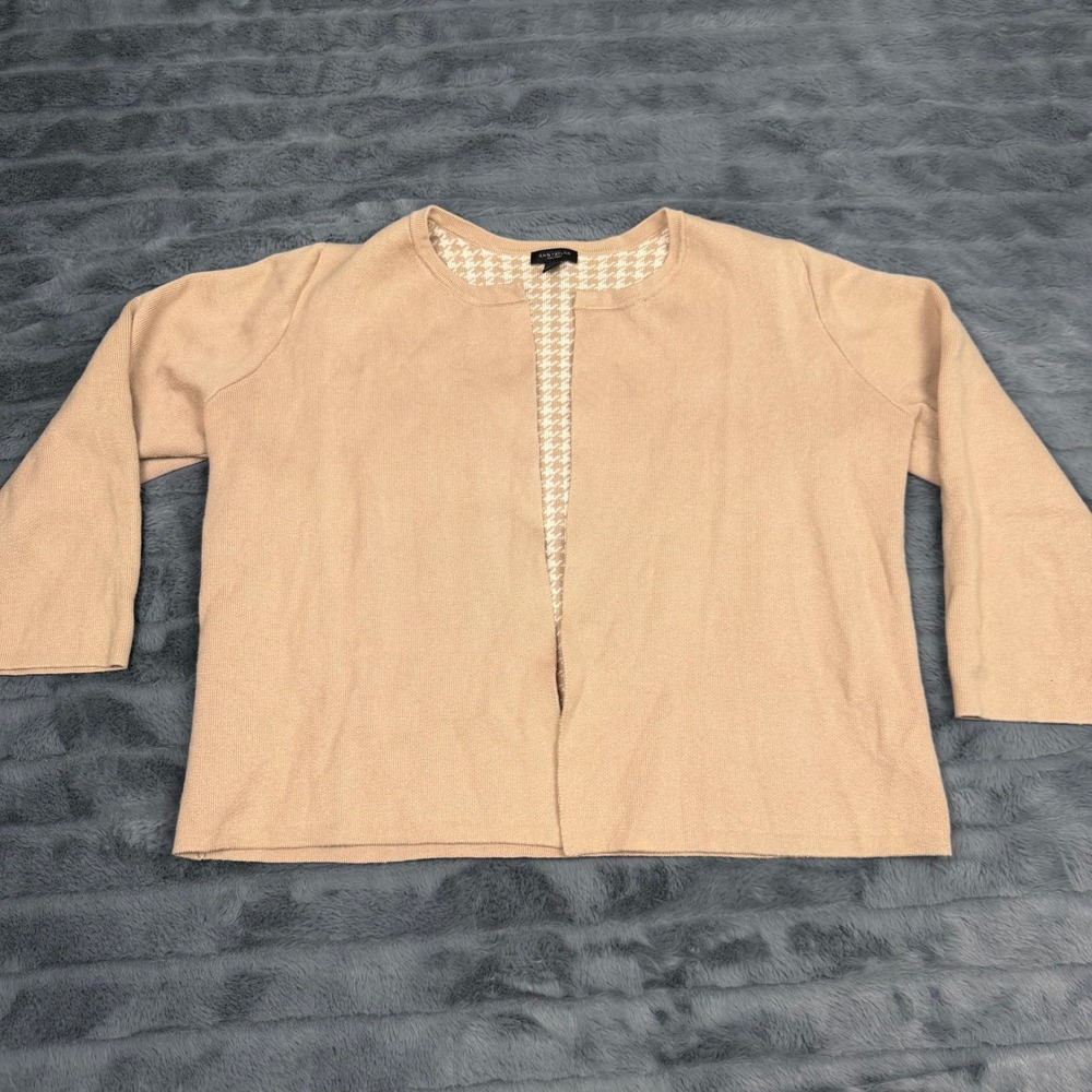 Ann Taylor Factory Tan Beige Open Front Cardigan Houndstooth Trim Size M